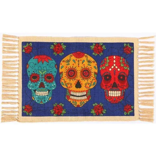 Day of the Dead cotton placemat - 3 Calavera Sugar Skulls on Blue
