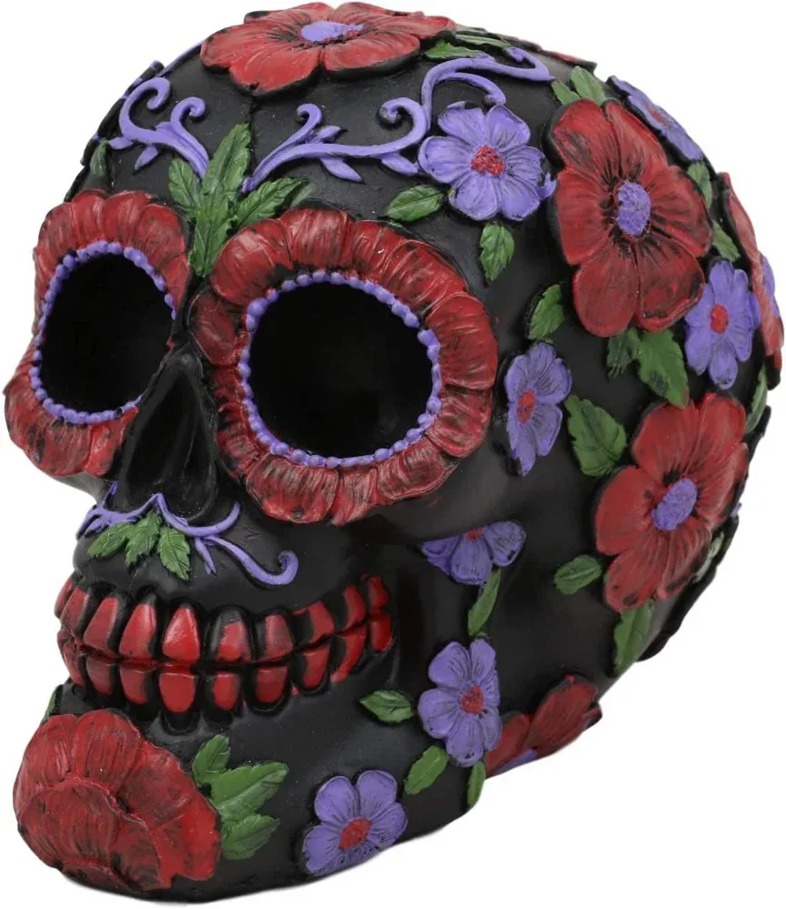 Day of the Dead Hand Painted Sugar Skull - red flowers - Image 3