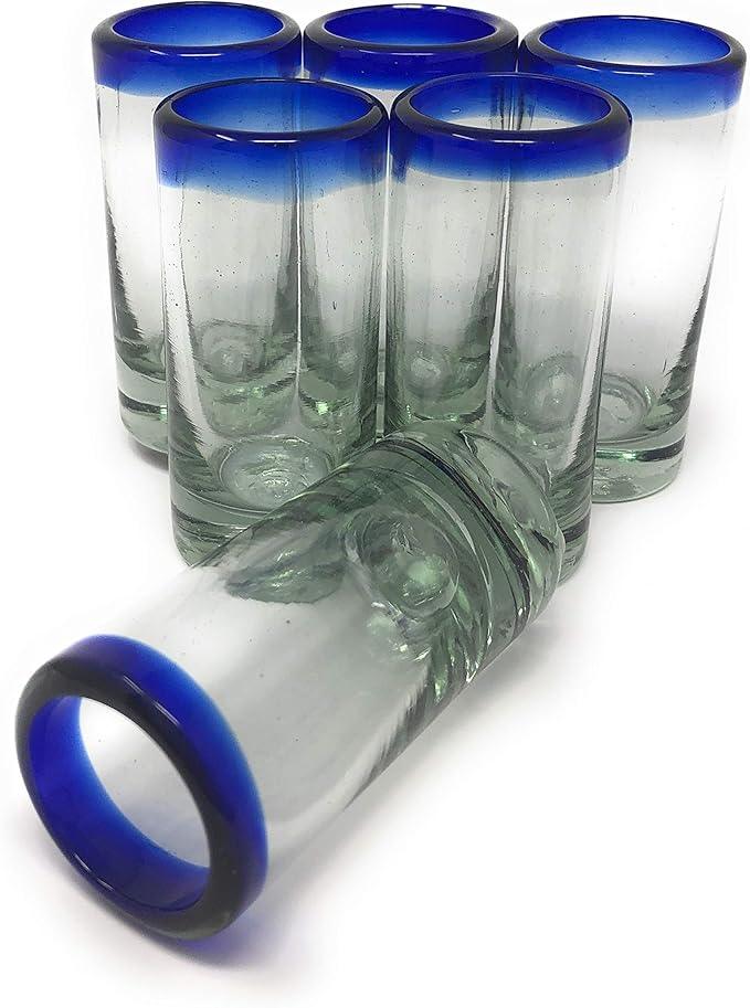 Mexican hand-blown shot glass with blue rim
