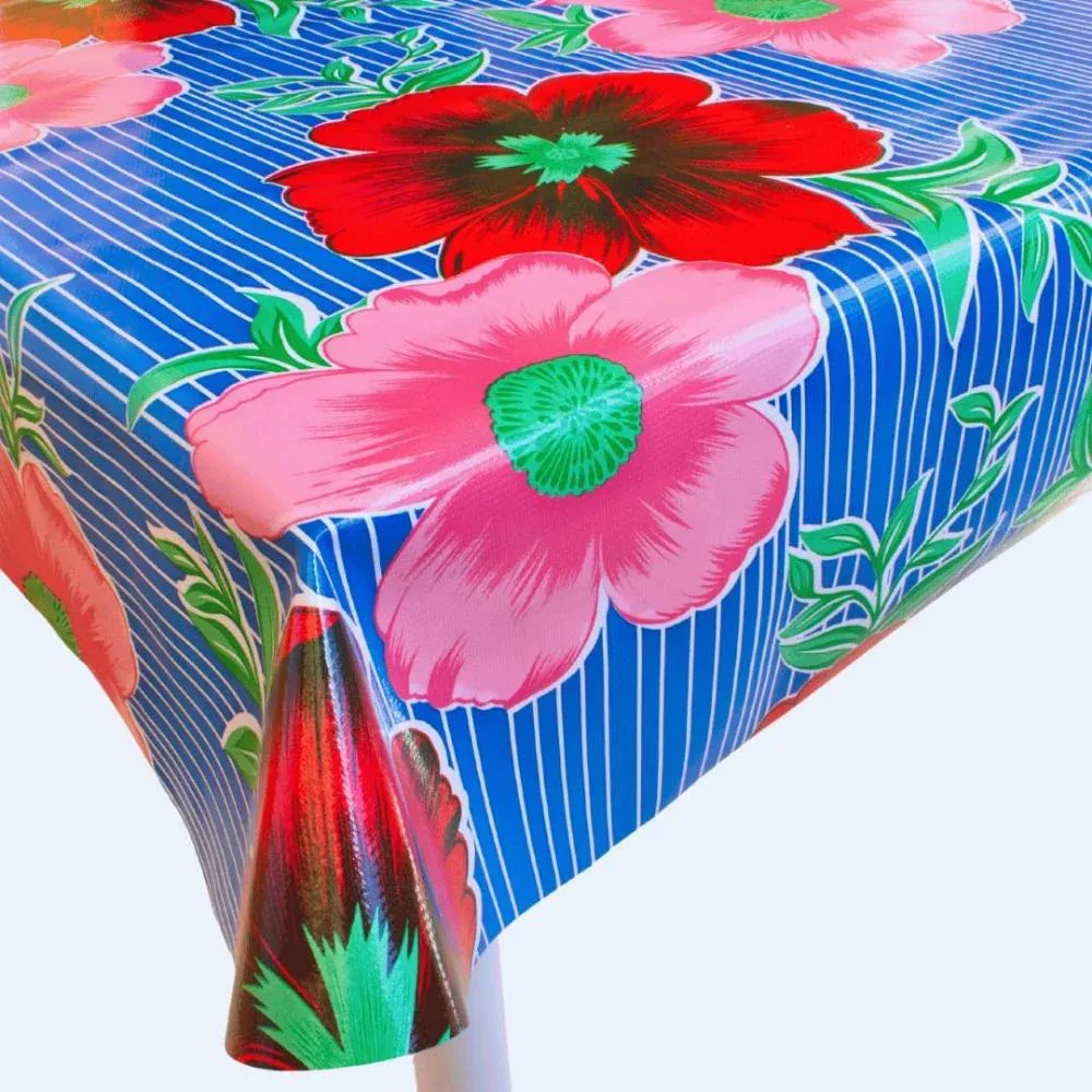 Mexican Oilcloth Table Cover - Hibiscus Flowers & Stripes Pale Blue - Image 2