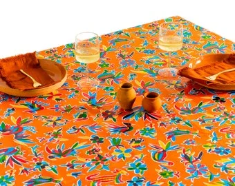 Mexican Oilcloth Table Cover - Otomi Design on Orange - Image 4