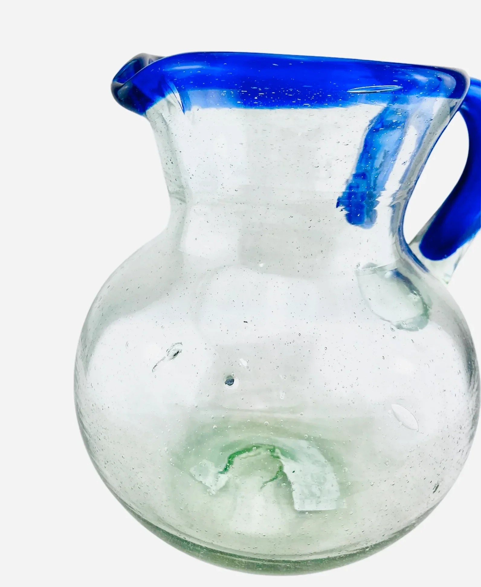 Mexican recycled glass - Hand Blown Glass Pitcher - blue rim - Image 2