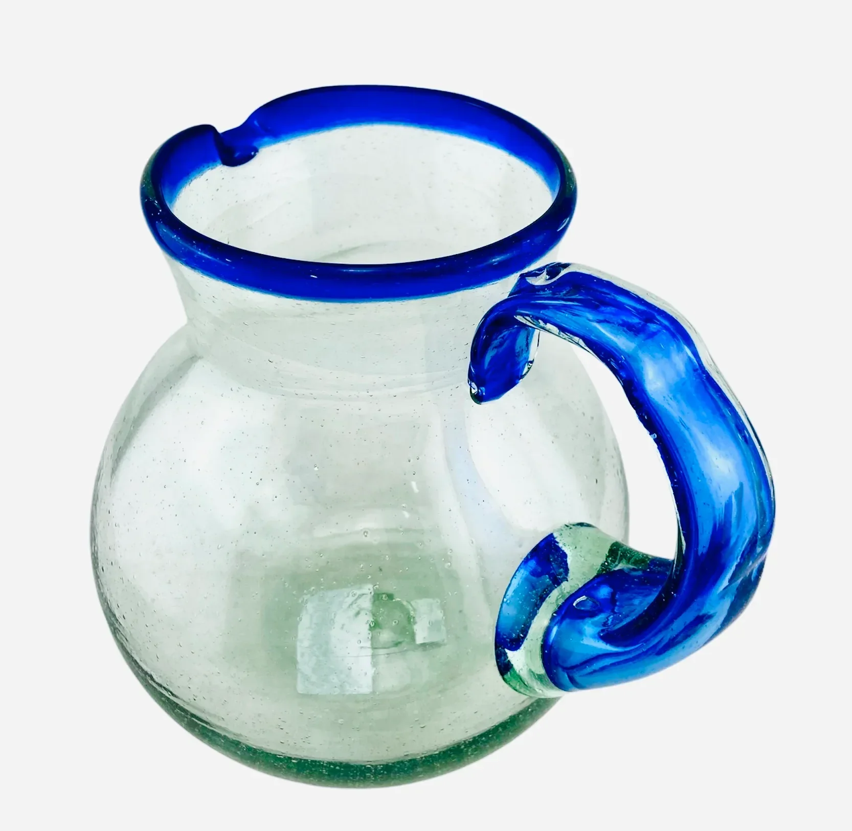 Mexican recycled glass - Hand Blown Glass Pitcher - blue rim - Image 3