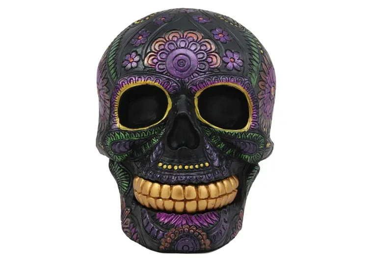 Day of the Dead Hand Painted Day of the Dead Black Metallic Skull - Image 3